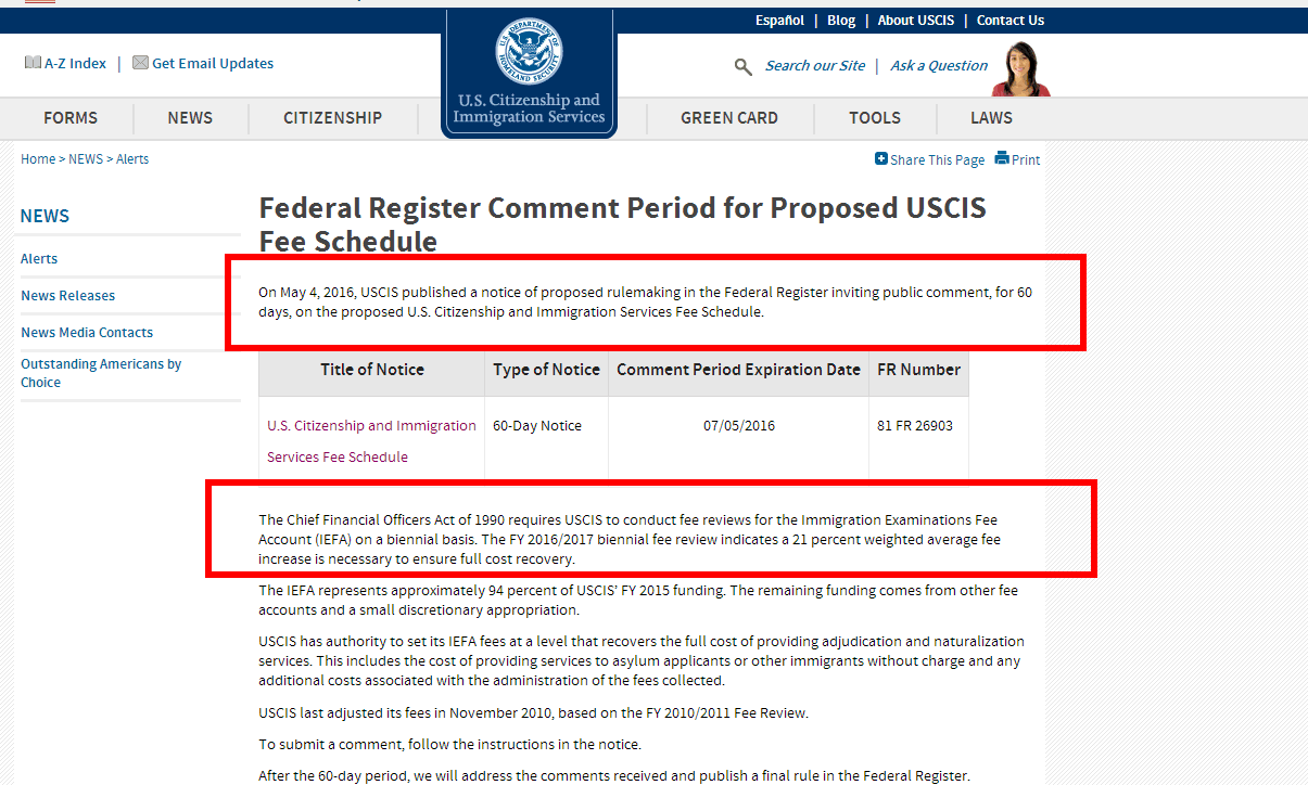 EB-5涨价提前，美国移民局官网，美国投资移民涨价，移民签证申请费用提高