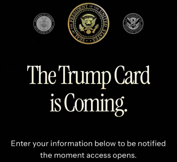 trumpcard.gov网站目前仅收集用户的基础信息，包括姓名、邮箱、地区及是否以个人或企业身份申请等。未提供任何实质性政策说明：无申请细则、无权益清单、无隐私条款，甚至没有常见问题解答等。    　　现阶段公布的样式，上面写着“UNITED STATES OF AMERICA”“5M”“THE TRUMP CARD”字样，特朗普的个人形象也是被印在上面。醒目位置标注"500万美元" 价码及签名。