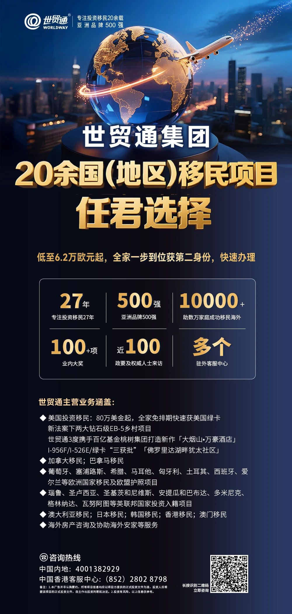 目前，世貿通可提供23國(地區)身份規劃項目，任君選擇，低至6.2萬歐元起，全家一步到位獲第二身份，歡迎您的諮詢。世貿通核心業務涵蓋：美國移民;加拿大移民;巴拿馬移民;葡萄牙、塞浦路斯、希臘、馬耳他、匈牙利、土耳其、西班牙、愛爾蘭等歐洲國家移民及歐盟護照項目;瑙魯、聖盧西亞、聖吉斯納域斯、安提瓜和巴布達、多米尼克、格林納達、瓦努阿圖等英聯邦國家投資入籍項目;香港移民;澳門移民;日本移民;韓國移民;澳大利亞移民;海外房產諮詢及協助海外安家等服務。